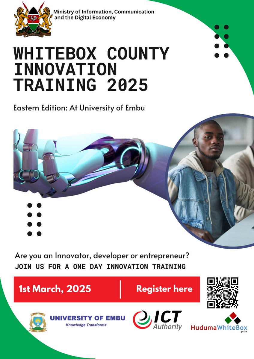 GDGoC University of Embu #Google Summer of Code π (@gdgoc_uoem) on Twitter photo We'd like to take this opportunity to notify you of the upcoming Whitebox County Innovation Training and Digital Skills sensitization activity by <a href="/ICTAuthorityKE/">ICT Authority</a> at <a href="/UoEmbu/">University of Embu</a>
The attendees are advised to register for the training on the following link
forms.gle/fPwA3wmypnxE2L⦠We'd like to take this opportunity to notify you of the upcoming Whitebox County Innovation Training and Digital Skills sensitization activity by <a href="/ICTAuthorityKE/">ICT Authority</a> at <a href="/UoEmbu/">University of Embu</a>
The attendees are advised to register for the training on the following link
forms.gle/fPwA3wmypnxE2Lβ¦