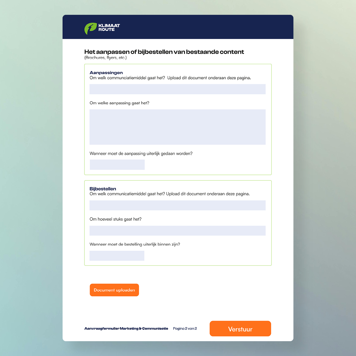 studiosnh's tweet photo. Slimme PDF bespaart tijd bij Klimaat Route! Een iPDF, volledig in huisstijl, waarmee collega’s eenvoudig marketingaanvragen doen. Het juiste formulier (7 soorten) wordt automatisch geladen en de bijlage-upload verloopt  soepel en efficiënt.  #PDF #efficiëntie https://t.co/MNd6D27IV7