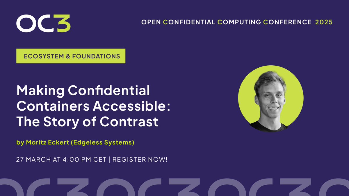 Edgeless Systems (@edgelesssystems) on Twitter photo Our VP of Product <a href="/m1ghtymo/">Moritz Eckert</a> will talk at #OC3 on March 27 about making Confidential Containers accessible! Learn how #Contrast simplifies the adoption of Confidential Containers, plus real-world use cases and a hands-on demo.
Register now: oc3.dev 👈👈 Our VP of Product <a href="/m1ghtymo/">Moritz Eckert</a> will talk at #OC3 on March 27 about making Confidential Containers accessible! Learn how #Contrast simplifies the adoption of Confidential Containers, plus real-world use cases and a hands-on demo.
Register now: oc3.dev 👈👈