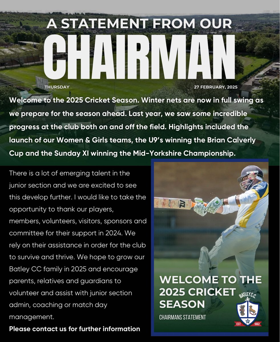 🏏 Batley Cricket Club – 2025 Season Incoming! 🏏

The new season kicks off this April, and we can’t wait to get started! A big welcome to all players, supporters, and the Batley community as we embark on another exciting year of cricket. Let’s make it one to remember!
#batley