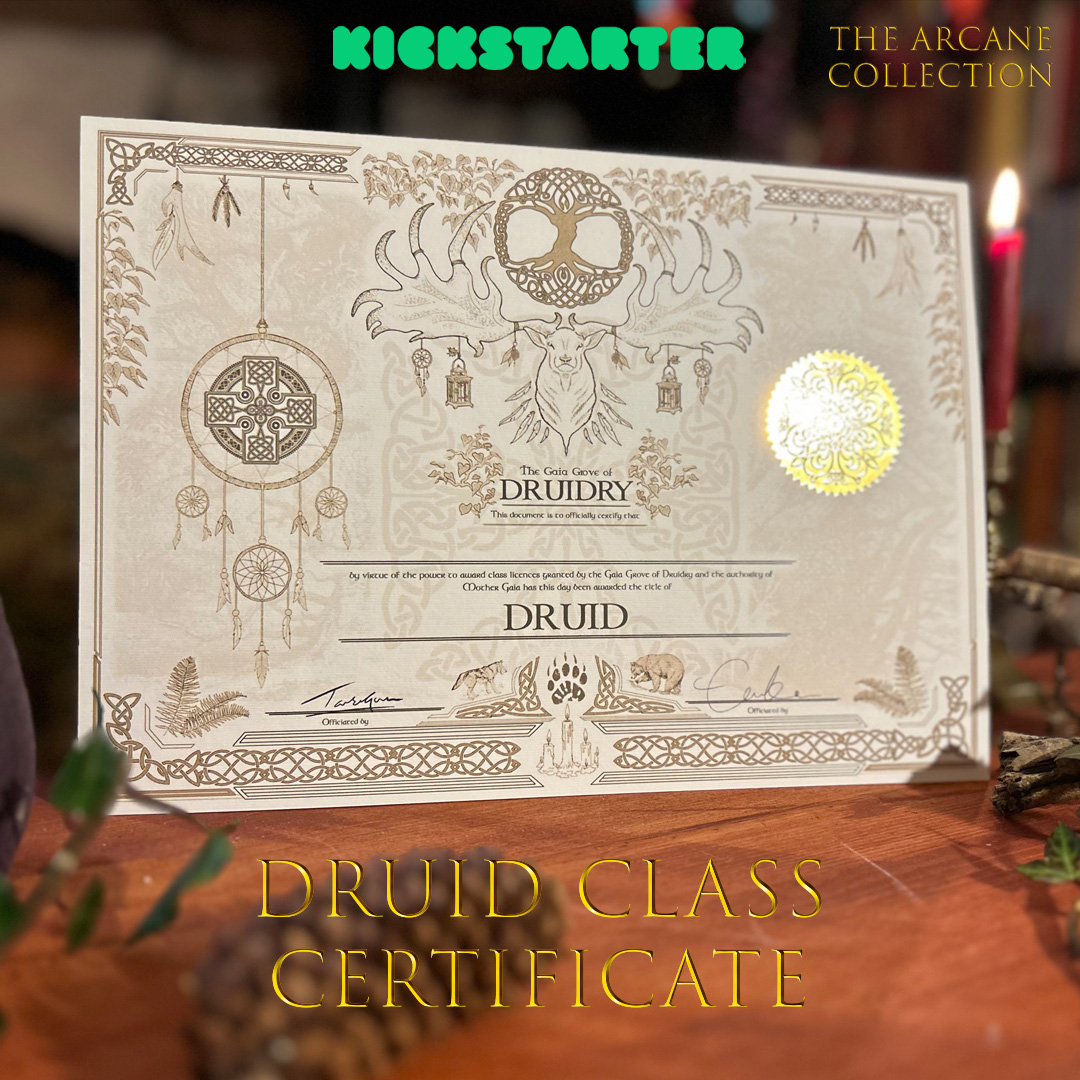 JRRDunlop's tweet photo. Nature will guide your hand... Druid Class Certificate, 6 days until launch 🌲

✨ Share with a fellow adventurer!: https://t.co/IwkjNAIXBD

#DnDWizard #TabletopRPG #DungeonMaster #RPGCollector #DnDCollectibles #TheArcaneCollection #Certificates #Kickstarter https://t.co/vNyEEJnRRL