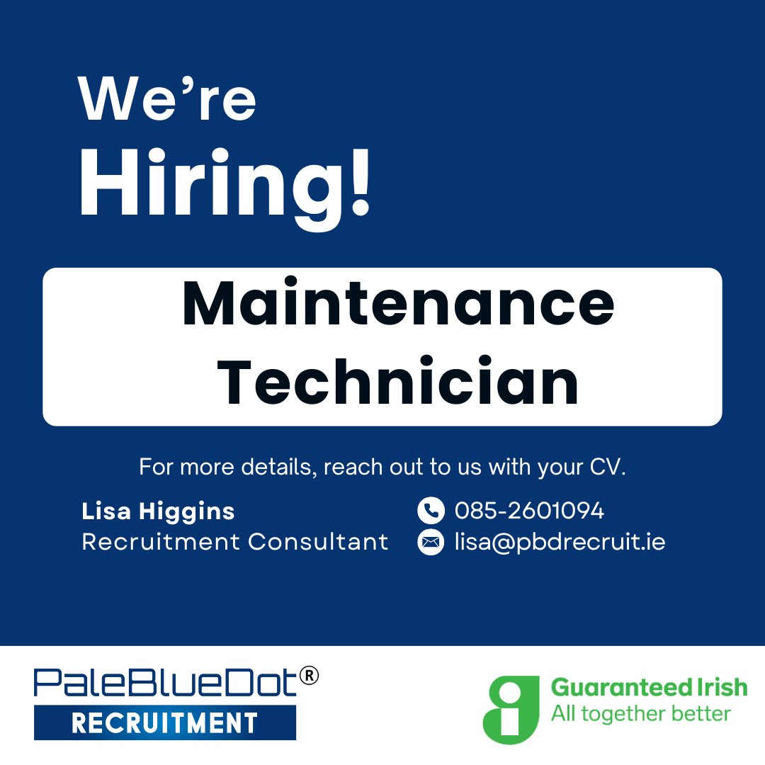 PBDRecruit's tweet image. Our Client, a leading medical device company in Roscommon are hiring a Maintenance Technician.

Contact Lisa or visit pbdrecruit.ie/explorejobs/#j…
for more details
#PaleBlueDotRecruitment #MedTech  #GetInvolvedToday