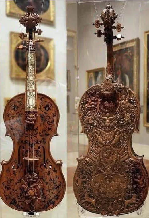 Domenico Galli's violin, made from maple, spruce, boxwood, ebony and tortoiseshell, glass and ceramic inserts, was intricately carved &amp; made in 1687. Galli was a famous Italian luthier of the 17th century. The violin is on display at the Galleria Estense in Modena, Italy.