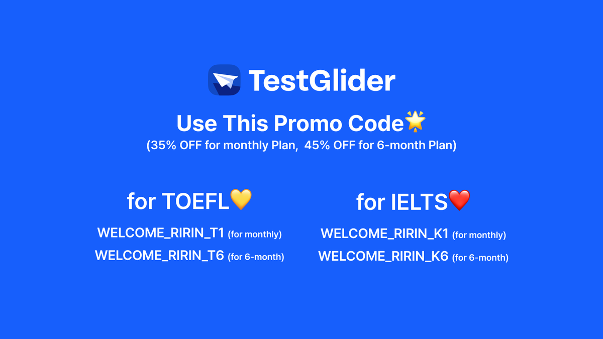 test_glider's tweet photo. We’re sharing a promo code that ANYONE can use for TOEFL/IELTS. Sign up now at https://t.co/jnpRRCKBK7!  Erin, terima kasih sudah memperkenalkan TestGlider kepada banyak orang! Sebagai bentuk apresiasi, kami memberikan kode promo yang bisa digunakan untuk TOEFL/IELTS😄 https://t.co/V0FnsaeEge