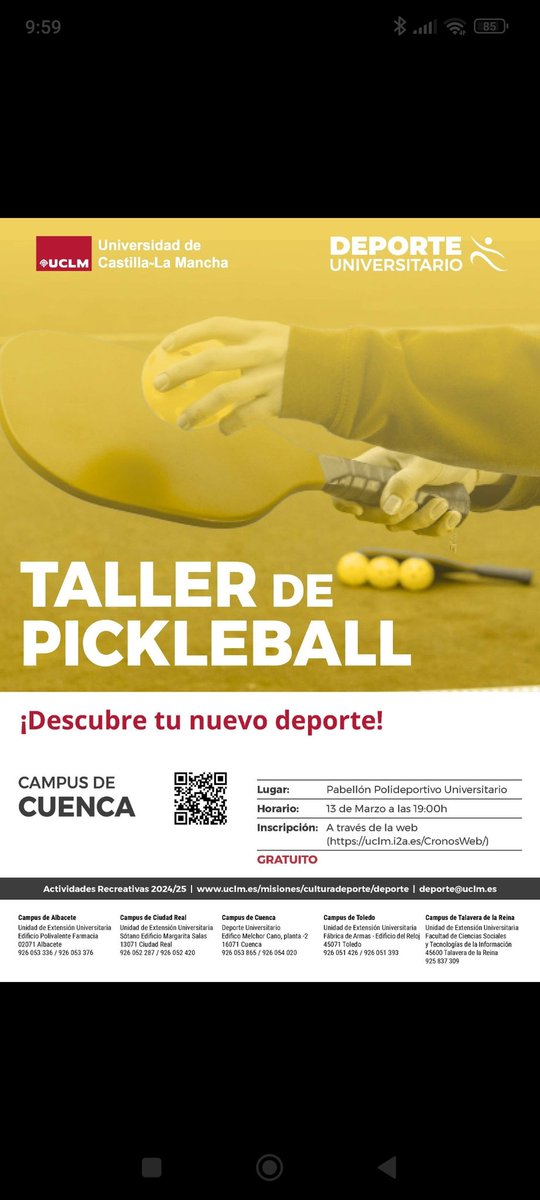 PICKLEBALLCUENC's tweet photo. Colaboración con UCLM. Es gratuito, necesaria inscripción para reserva de plaza. ¡Anímate! https://t.co/XbDshQxJXQ