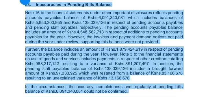 Mwarabu (@mwarabu003) on Twitter photo The Auditor General raised concerns about the accuracy of the #pendingbills reported by the <a href="/KilifiCountyGov/">Kilifi County Government</a> which amount to Kshs 6,091,340,081, but there are major inconsistencies and missing records that raise questions about the accuracy of the figures
#AuditorsReportKilifi The Auditor General raised concerns about the accuracy of the #pendingbills reported by the <a href="/KilifiCountyGov/">Kilifi County Government</a> which amount to Kshs 6,091,340,081, but there are major inconsistencies and missing records that raise questions about the accuracy of the figures
#AuditorsReportKilifi