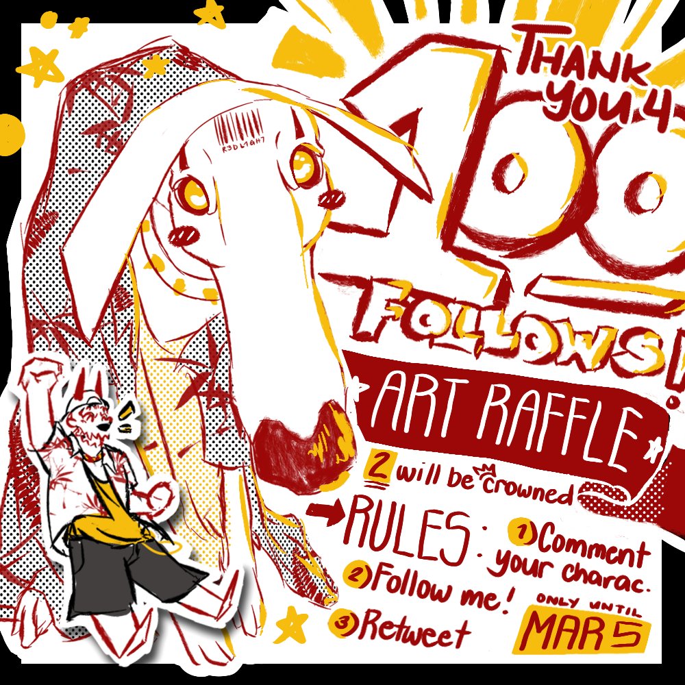 🔥 ART RAFFLE 🔥

Rules:
📌 Comment your character, original or not
📌 Follow me
📌 Like &amp; RT this post

👑Two winners will be crowned!👑
📌 Reward: Waist-up art
📌 Winners to be announced on WEDNESDAY (March 5)!

Thank you for supporting my account! Good luck to ya'll. 🔴⚫⚫