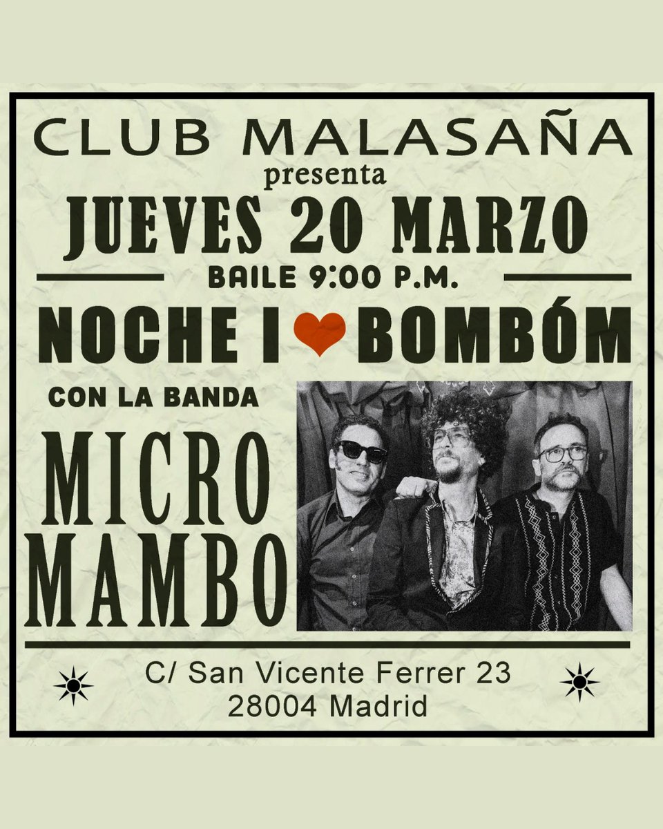 Mutick (@mutick_com) on Twitter photo 🌶️ #Micromambo hará temblar @club_malasana 🌶️
📅 20 de marzo – Ritmos calientes, fusión explosiva y energía desbordante en un concierto que no olvidarás.
🎟️ Consigue tu entrada ya y únete a la fiesta.
Prom: <a href="/javivacas/">Vacas management</a> 🌶️ #Micromambo hará temblar @club_malasana 🌶️
📅 20 de marzo – Ritmos calientes, fusión explosiva y energía desbordante en un concierto que no olvidarás.
🎟️ Consigue tu entrada ya y únete a la fiesta.
Prom: <a href="/javivacas/">Vacas management</a>