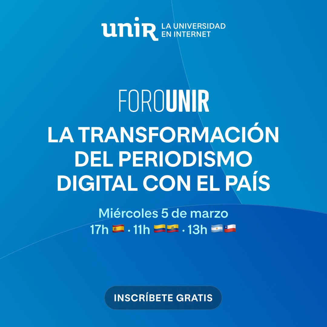 Universidad Internacional de La Rioja (UNIR) (@uniruniversidad) on Twitter photo 📢 La transformación del periodismo digital con <a href="/el_pais/">EL PAÍS</a> 📰💡
📅 05/03/2025 | ⏰ 17:00h (ESP) | 🌍 Evento online
🔗 ow.ly/9aNr50V6Kqt
🎤 Ponentes:
✅ <a href="/morenobarber/">javier moreno barber</a> – Dir. Máster El País, exdirector del periódico.
✅ <a href="/ismaelnafria/">Ismael Nafría</a> – Dir. Asociado del Máster en 📢 La transformación del periodismo digital con <a href="/el_pais/">EL PAÍS</a> 📰💡
📅 05/03/2025 | ⏰ 17:00h (ESP) | 🌍 Evento online
🔗 ow.ly/9aNr50V6Kqt
🎤 Ponentes:
✅ <a href="/morenobarber/">javier moreno barber</a> – Dir. Máster El País, exdirector del periódico.
✅ <a href="/ismaelnafria/">Ismael Nafría</a> – Dir. Asociado del Máster en