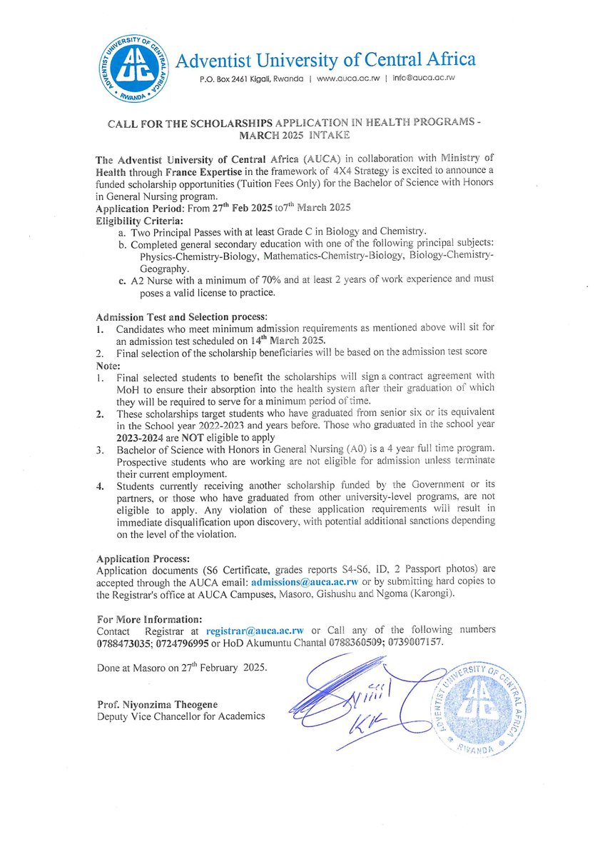 Adventist University of Central Africa (@auca_rwanda) on Twitter photo CALL FOR SCHOLARSHIPS!
Calling all future nurses & midwives! If you're passionate about saving lives and caring for communities, don't miss this chance! Apply for nursing & midwifery scholarships today and take the first step toward a rewarding career with <a href="/AUCA_Rwanda/">Adventist University of Central Africa</a> CALL FOR SCHOLARSHIPS!
Calling all future nurses & midwives! If you're passionate about saving lives and caring for communities, don't miss this chance! Apply for nursing & midwifery scholarships today and take the first step toward a rewarding career with <a href="/AUCA_Rwanda/">Adventist University of Central Africa</a>