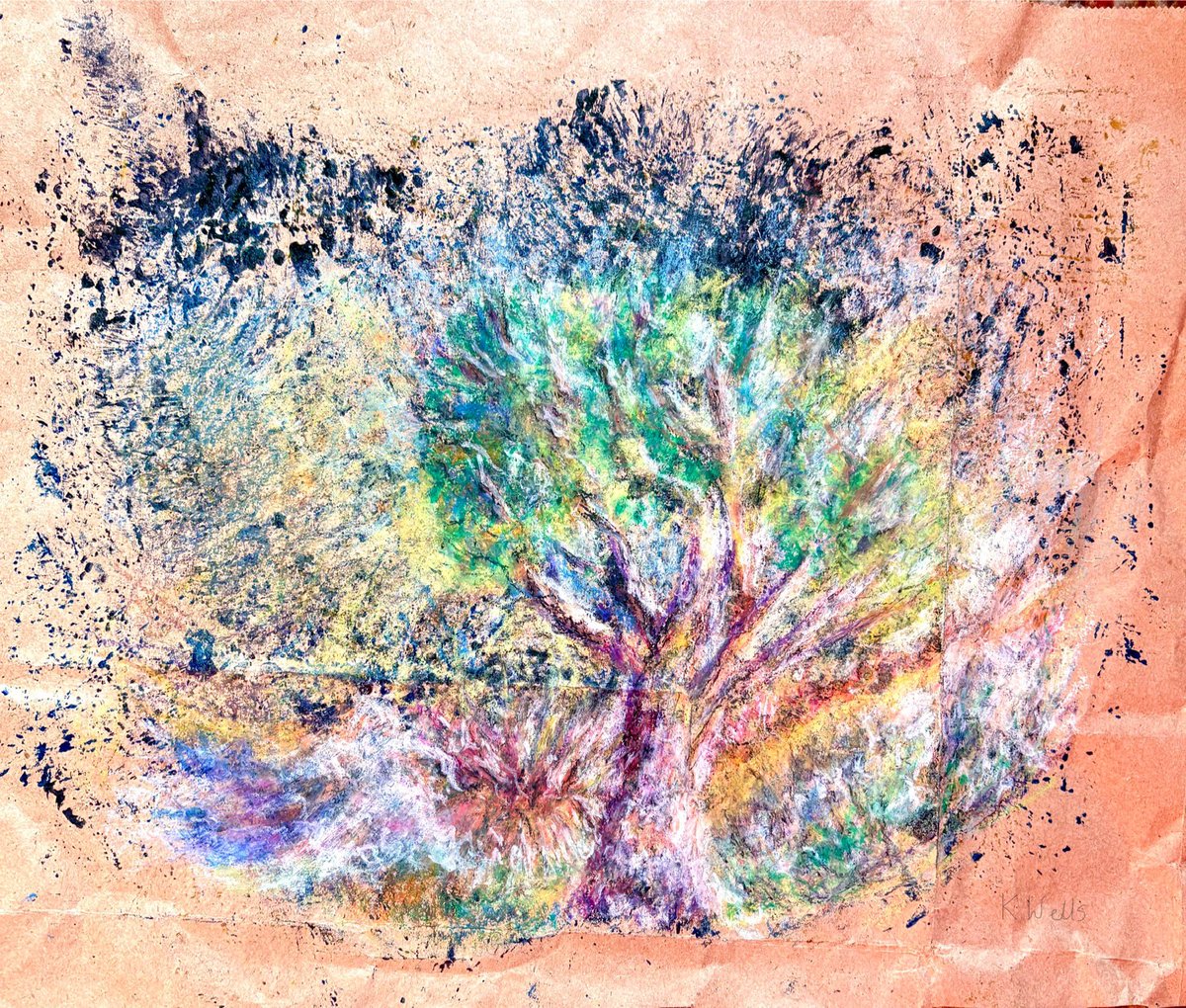 TwistsPaper's tweet image. Oil pastel landscape on monoprinted  brown paper bag . #monoprint #landscape #paperbag #reuse #recycle #oilpastels #tree #impressionist #art #arton #sudbury #suffolk #papertwists