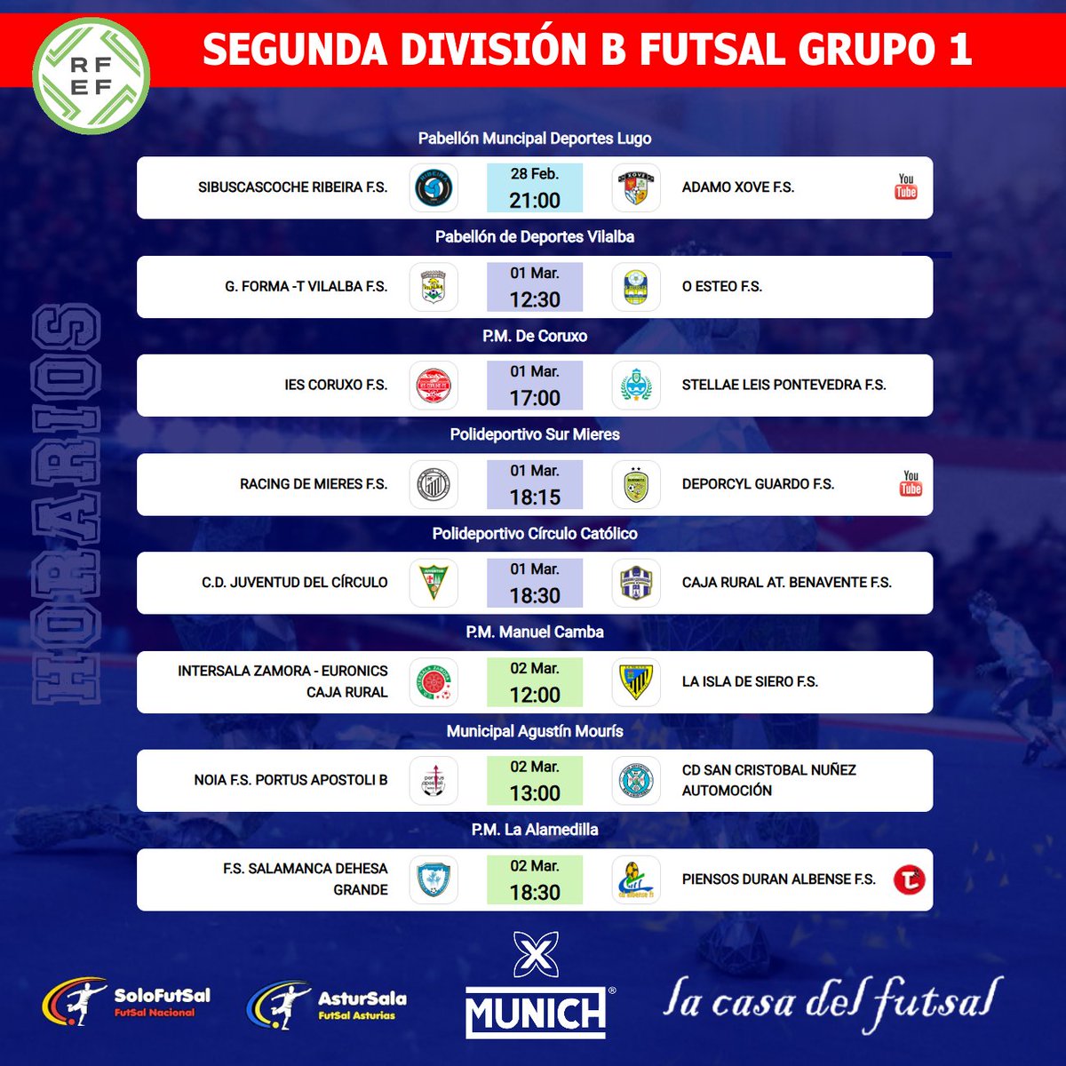 Solo-FutSal (@solofutsal_) on Twitter photo 🟥2⃣ª🅱️ DIVISIÓN FUTSAL - GRUPO 1⃣
📆 23ª JORNADA / ⏰HORARIOS
✍️ Consulta los horarios de la jornada
📎 solo-futsal.es/segunda-divisi…
🔀 Visita los perfiles de los equipos de la categoría
<a href="/AtlBenavente/">Club Atlético Benavente F.S.</a> <a href="/LeisPontevedra/">Stellae Leis Pontevedra FS</a> <a href="/AlbenseFs/">Piensos Durán Albense FS</a> <a href="/OEsteoFS/">O Esteo F.S.</a> <a href="/ies_fs/">Ganomagoga IES Coruxo FS</a> <a href="/guardofs/">Deporcyl Guardo F.S.</a> <a href="/vilalba_fs/">Grupo Forma-t Vilalba FS</a> 🟥2⃣ª🅱️ DIVISIÓN FUTSAL - GRUPO 1⃣
📆 23ª JORNADA / ⏰HORARIOS
✍️ Consulta los horarios de la jornada
📎 solo-futsal.es/segunda-divisi…
🔀 Visita los perfiles de los equipos de la categoría
<a href="/AtlBenavente/">Club Atlético Benavente F.S.</a> <a href="/LeisPontevedra/">Stellae Leis Pontevedra FS</a> <a href="/AlbenseFs/">Piensos Durán Albense FS</a> <a href="/OEsteoFS/">O Esteo F.S.</a> <a href="/ies_fs/">Ganomagoga IES Coruxo FS</a> <a href="/guardofs/">Deporcyl Guardo F.S.</a> <a href="/vilalba_fs/">Grupo Forma-t Vilalba FS</a>