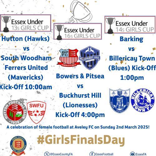 There are just two more days until <a href="/GirlsHutton/">Hutton FC Girls</a> and <a href="/SWFU_FC_Girls/">South Woodham Ferrers United FC Women & Girls</a> meet in the final of the #Essex Under 13s Girls Cup on Sunday 2nd March 2025, which will kick-off at 10:00am at <a href="/AveleyFC/">Aveley Football Club</a>. Come along and cheer on the finalists! #GirlsFinalsDay