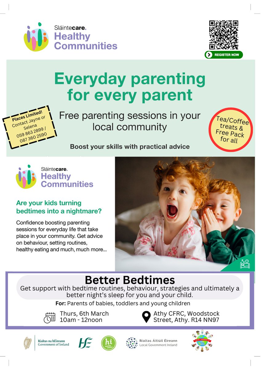 HSE Dublin and Midlands, Health & Wellbeing (@hw_hsedubmid) on Twitter photo Are you a parent of a young child, living in Athy and struggling with bedtime routines? 
Join the 'Better Bedtimes' workshop on March 6th at 10am-12noon in Athy Family Resource Centre.
Contact Selena or Jayne at 059 863 2899 or 087 360 2590 to register.
#ParentingSupport #HSE Are you a parent of a young child, living in Athy and struggling with bedtime routines? 
Join the 'Better Bedtimes' workshop on March 6th at 10am-12noon in Athy Family Resource Centre.
Contact Selena or Jayne at 059 863 2899 or 087 360 2590 to register.
#ParentingSupport #HSE