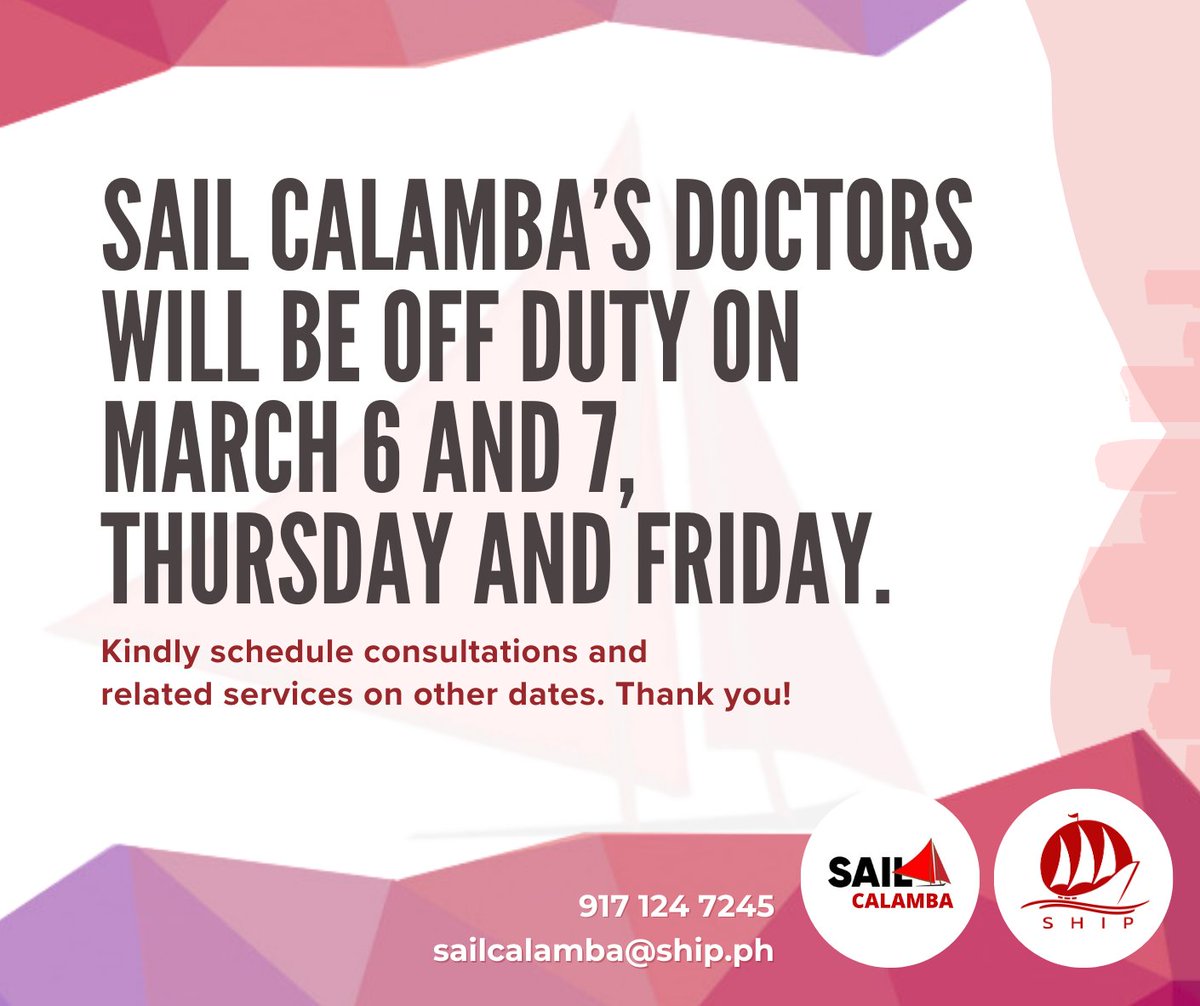 SailClinics's tweet photo. Ahoy, #SAILCalamba clients!
Kindly note that our doctor for the weekdays will be off-duty on March 6-7, next THURS to FRI.
We request that clients schedule consultations with our doctors on other dates via https://t.co/US9mq2aW1F.
Please message us here for any concerns or questions. Thank you!