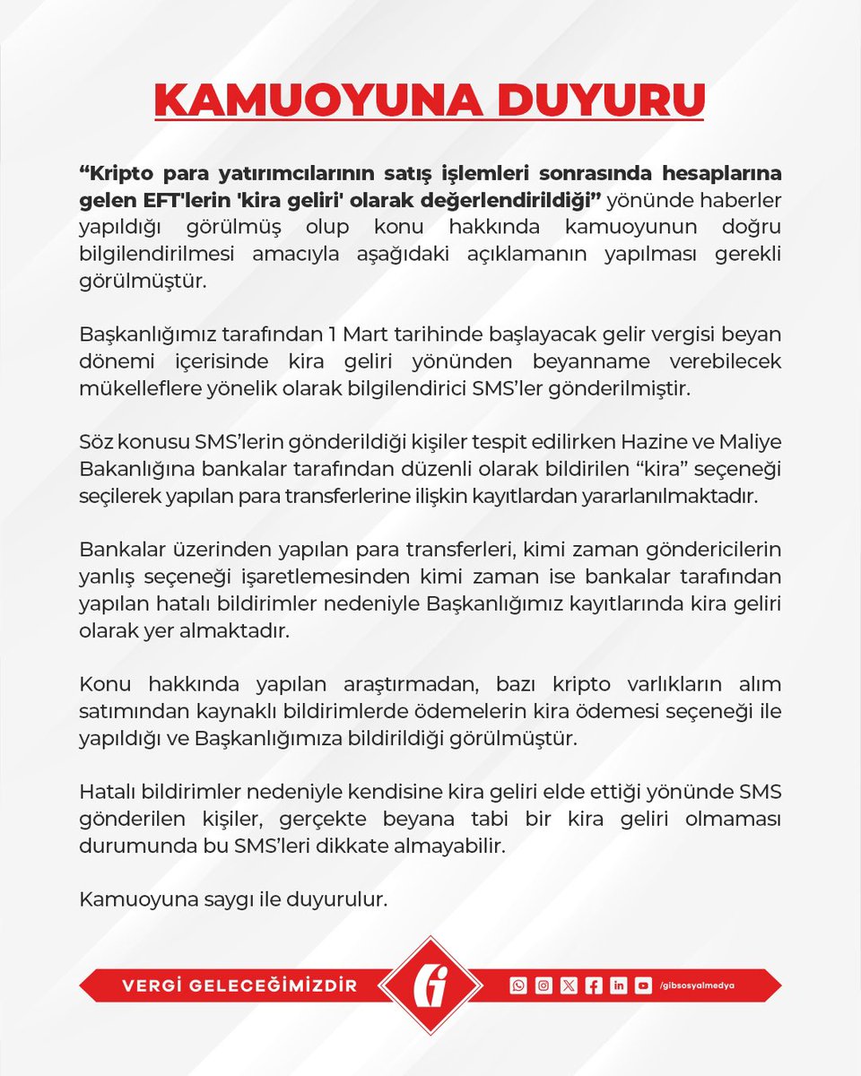 Kamuoyuna Duyuru’ya sitemizden (gib.gov.tr) ulaşabilirsiniz.

gib.gov.tr/kamuoyuna-duyu…

#GİB #VergiGeleceğimizdir