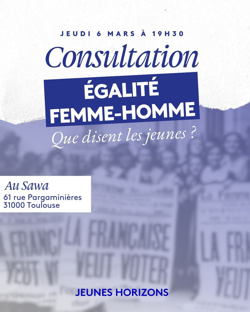 À Toulouse, rejoignez-nous pour un nouvel événement rayonnement sur l'égalité femmes-hommes ! 🙋‍♀️🙋‍♂️ 
Faisons entendre la voix des jeunes sur ce sujet brûlant d’actualité : venez partager vos idées 🔥
Rendez-vous ce jeudi 6 mars à 19h30 au Sawa (rue Pargaminières). On vous attend !