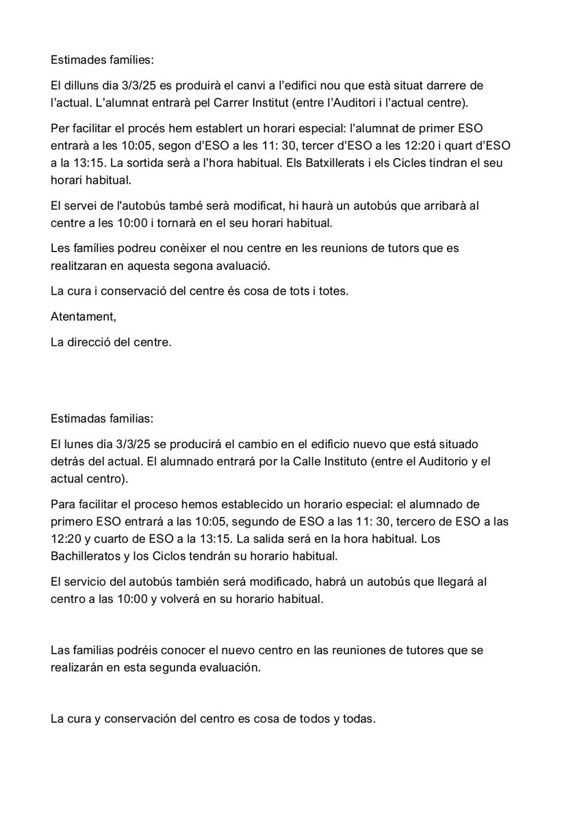 AlvaroAmpa's tweet photo. Informació important. Entrada escalonada al nou centre.
Mes info a web família i als perfiles de Fb i IG.

Información importante. Entrada escalonada al nuevo centro. Más info a web família y en nuestros perfiles de fb y IG. https://t.co/aurfMJydPz