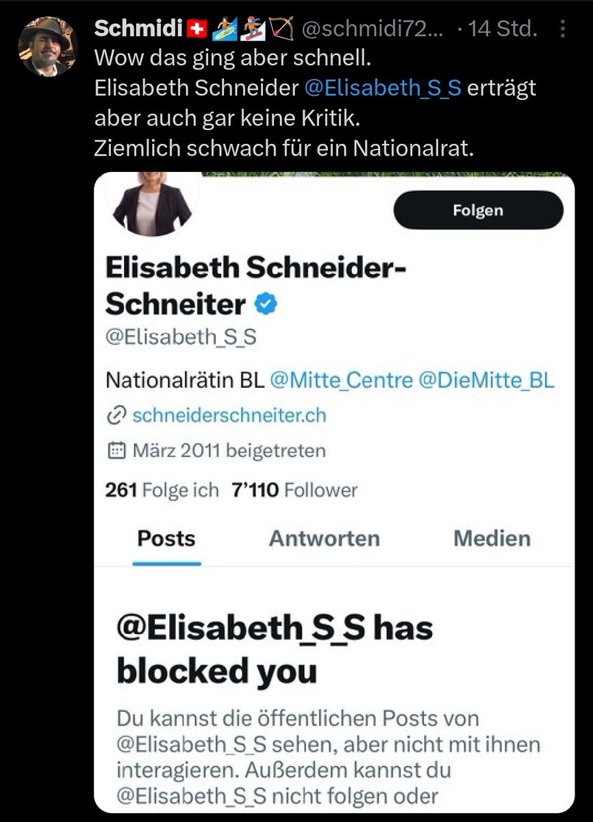 <a href="/Elisabeth_S_S/">Elisabeth Schneider-Schneiter</a> Stimmt es <a href="/Elisabeth_S_S/">Elisabeth Schneider-Schneiter</a>, dass Sie den Benutzer <a href="/schmidi72_kite/">Schmidi🇨🇭🏄🏻🏂🏹</a> wegen dieser Antwort gesperrt haben?