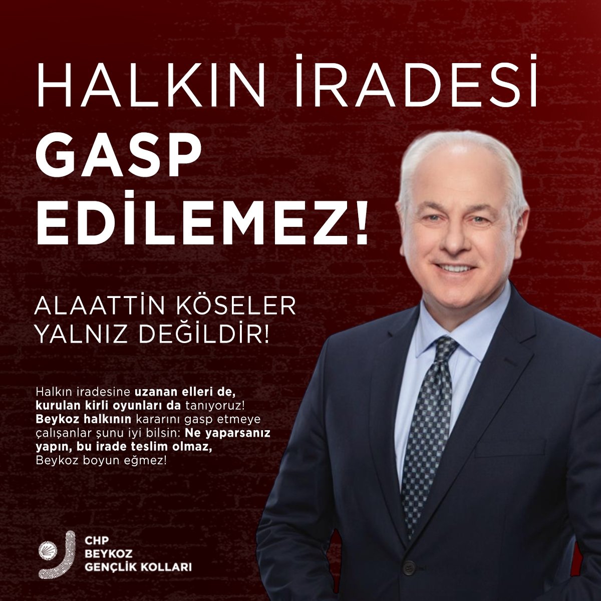 Halkın İradesi Gasp Edilemez!

Halkın iradesine uzanan elleri de, kurulan kirli oyunları da tanıyoruz! Beykoz halkının kararını gasp etmeye çalışanlar şunu iyi bilsin: Ne yaparsanız yapın, bu irade teslim olmaz, Beykoz boyun eğmez!