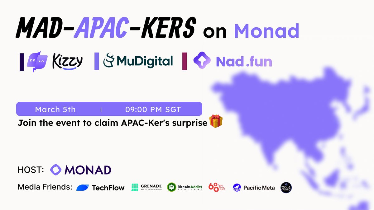 sungmo_apac16z's tweet photo. Gmonad - MA DA PACKERS !

"MAD-APAC-KERS" AMA is coming next Wednesday!

Let's show the strength of APAC ecosystem projects in APAC. We are as good as the Western builders! 

This week's guests are: 
- @T_H_Crypto from @kizzymobile 
- @0xLilmon from @naddotfun 
- @hizonpm from @MuDigitalHQ 

We have prepared exclusive discord roles and some in-app points for the ecosystems that are participating in the podcast. 

Please submit questions if you want to ask to these founders. They'll pick a good question and give out the rewards! (Link: https://t.co/oLUOpLraVt) 

https://t.co/4oD7OppMBC