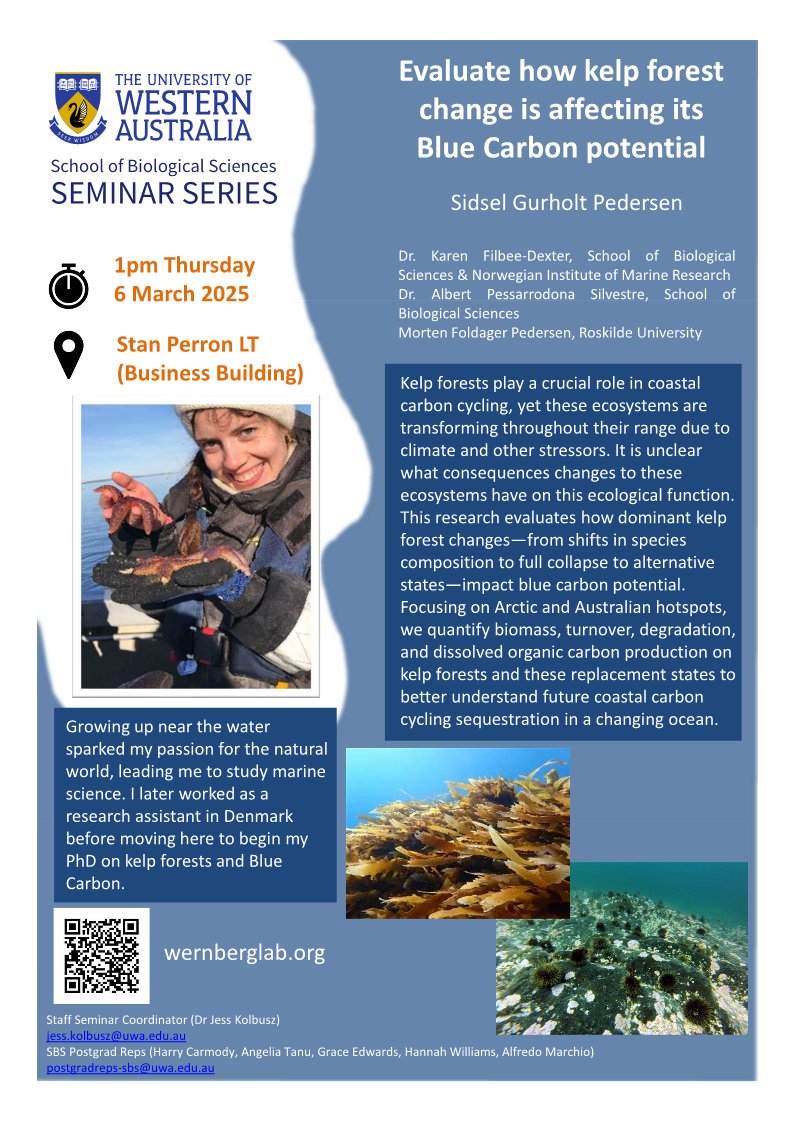 SEMINAR:

Please join us this Thursday (6th March, 1 pm) at the Stan Perron Lecture Theatre in the Business Building to hear a PhD proposal seminar:

Sidsel Gurholt Pedersen – “Evaluate how kelp forest change is affecting its Blue Carbon potential”