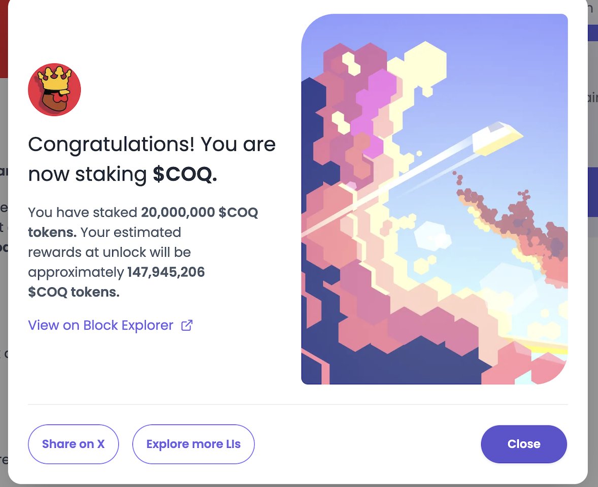 BokBok! 

Proud to be Officially staking COQ to secure COQNET!

I just staked my $COQ with L1marketplace.com and am very excited to be apart of <a href="/coqnet_io/">Coqnet</a>. Thank you <a href="/GoGoPool_/">GoGoPool Protocol</a> for making this so easy. I'm earning 9000% yield for the next 30 days. Who out there is Bokish?