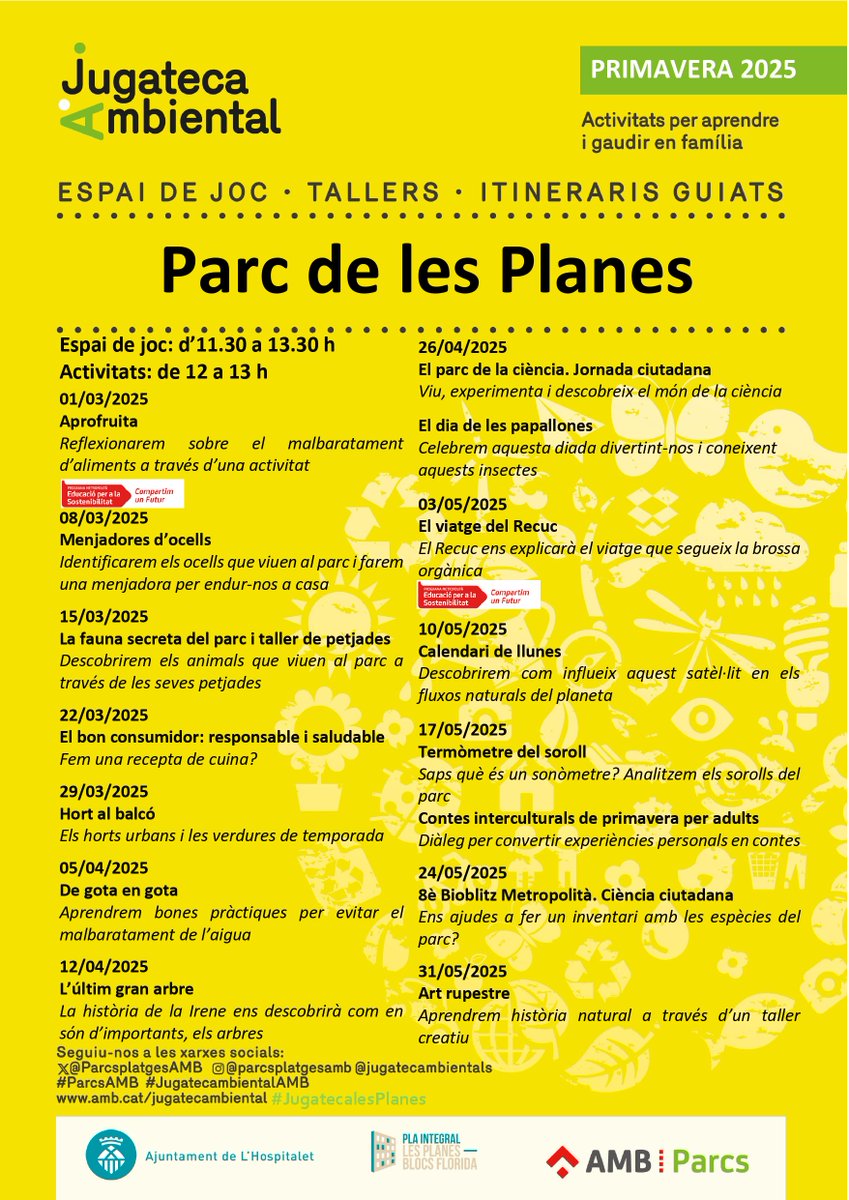 Ajuntament de L'Hospitalet (@lhajuntament) on Twitter photo 🦋Aquest cap de setmana tornen les jugateques ambientals de <a href="/ParcsplatgesAMB/">Parcs i platges AMB</a>, activitats per aprendre i gaudir en família.
Aquí teniu la programació fins al juny amb tallers, itineraris guiats i l'habitual espai de joc.
📌Als parcs de Bellvitge, Can Buxeres i les Planes. 🦋Aquest cap de setmana tornen les jugateques ambientals de <a href="/ParcsplatgesAMB/">Parcs i platges AMB</a>, activitats per aprendre i gaudir en família.
Aquí teniu la programació fins al juny amb tallers, itineraris guiats i l'habitual espai de joc.
📌Als parcs de Bellvitge, Can Buxeres i les Planes.