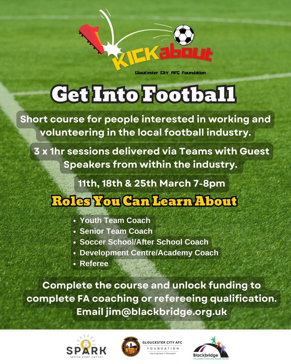 GCAFCofficial's tweet photo. Interested in learning more about working in football? Contact jim@blackbridge.org.uk to register for this free course ⚽️ https://t.co/U9JmTTjQj3