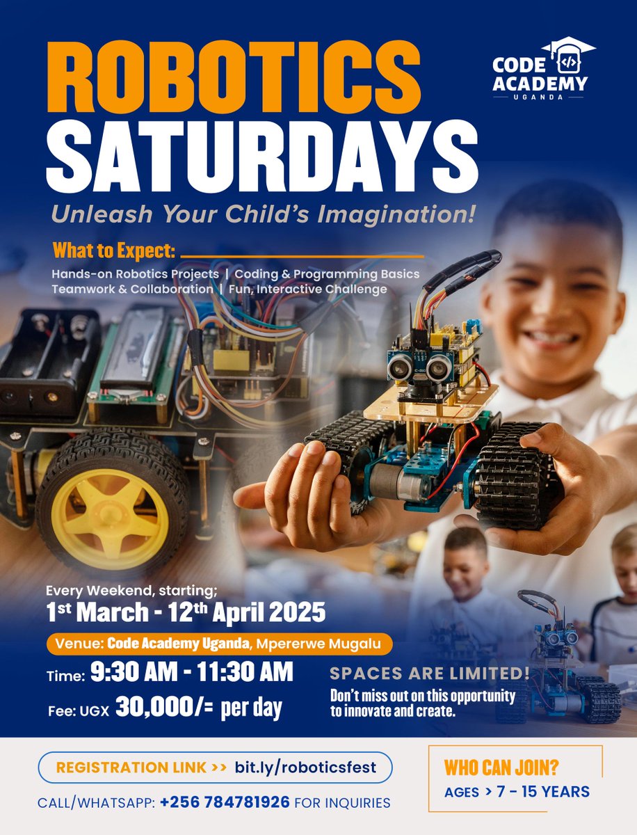code_academy_ug's tweet image. Is your child bored over the weekend?
Enroll them in our weekend robotics class to give them both an educational and fun experience.
bit.ly/roboticsfest Register today