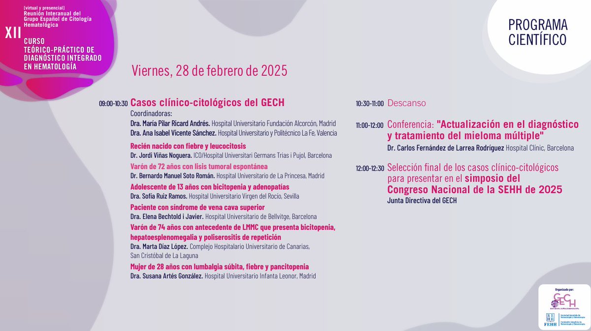 HOY 👉Seguimos en la REUNIÓN INTERANUAL del Grupo Español de Citología Hematológica, <a href="/GHematologica/">Grupo Español de Citología Hematológica</a>.

📋Tras la primera sesión de casos clínicos-citológicos del #GECH, 🧑‍⚕️Carlos Fernández de Larrea, de <a href="/hospitalclinic/">Hospital Clínic</a>  expondrá una actualización en el diagnóstico y tratamiento del