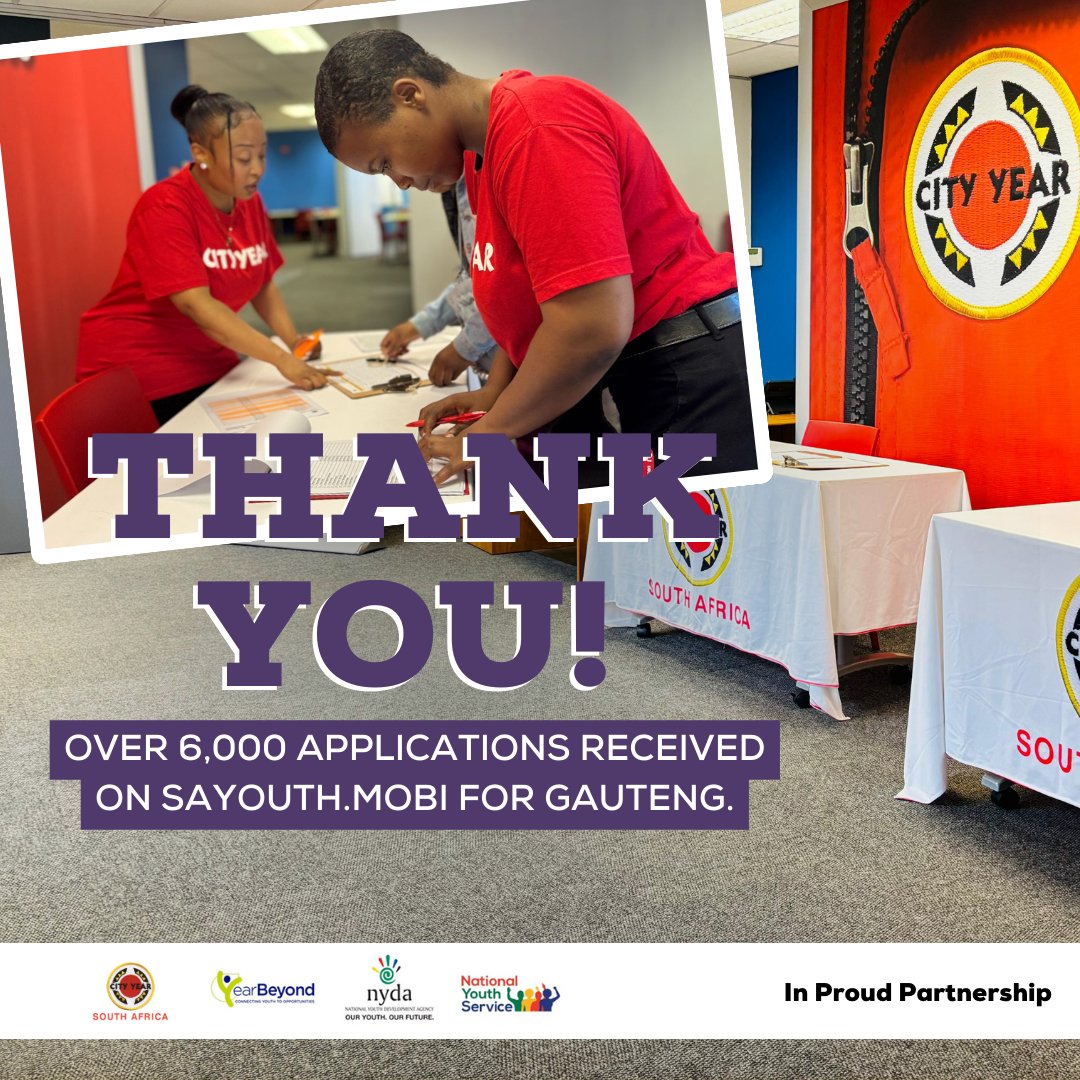 CityYearSouthAfrica (@cityyearsoa) on Twitter photo 🚀 Thank You! We received 6,000 applications for the <a href="/CityYearSoA/">CityYearSouthAfrica</a> & <a href="/YearBeyond/">YearBeyond</a> #Catch-Up program—your passion is inspiring! ❤️
✅ Shortlisted applicants were notified (21 Feb)
📢 Interview results out 3 March. Stay connected for future opportunities! <a href="/NYDARSA/">NYDARSA</a> #youthservice 🚀 Thank You! We received 6,000 applications for the <a href="/CityYearSoA/">CityYearSouthAfrica</a> & <a href="/YearBeyond/">YearBeyond</a> #Catch-Up program—your passion is inspiring! ❤️
✅ Shortlisted applicants were notified (21 Feb)
📢 Interview results out 3 March. Stay connected for future opportunities! <a href="/NYDARSA/">NYDARSA</a> #youthservice