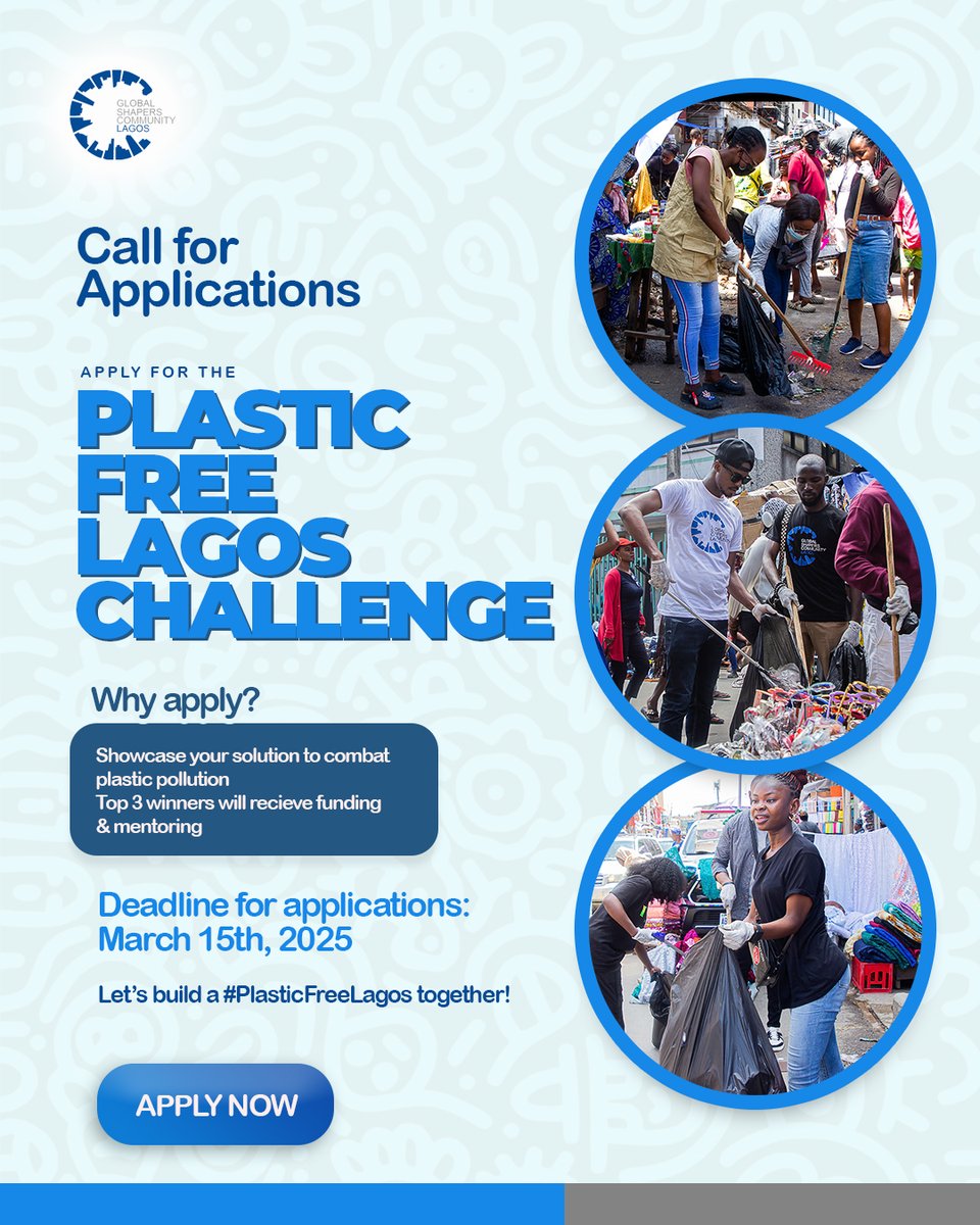 Join the fight against plastic waste; apply for the Plastic-Free Lagos Challenge 2025

Eligibility: Teams of at least 2 with a strong commitment to sustainability.

Deadline: March 15, 2025

Ready to reshape Lagos for a sustainable future? 

Apply now - bit.ly/plasticfreelag…