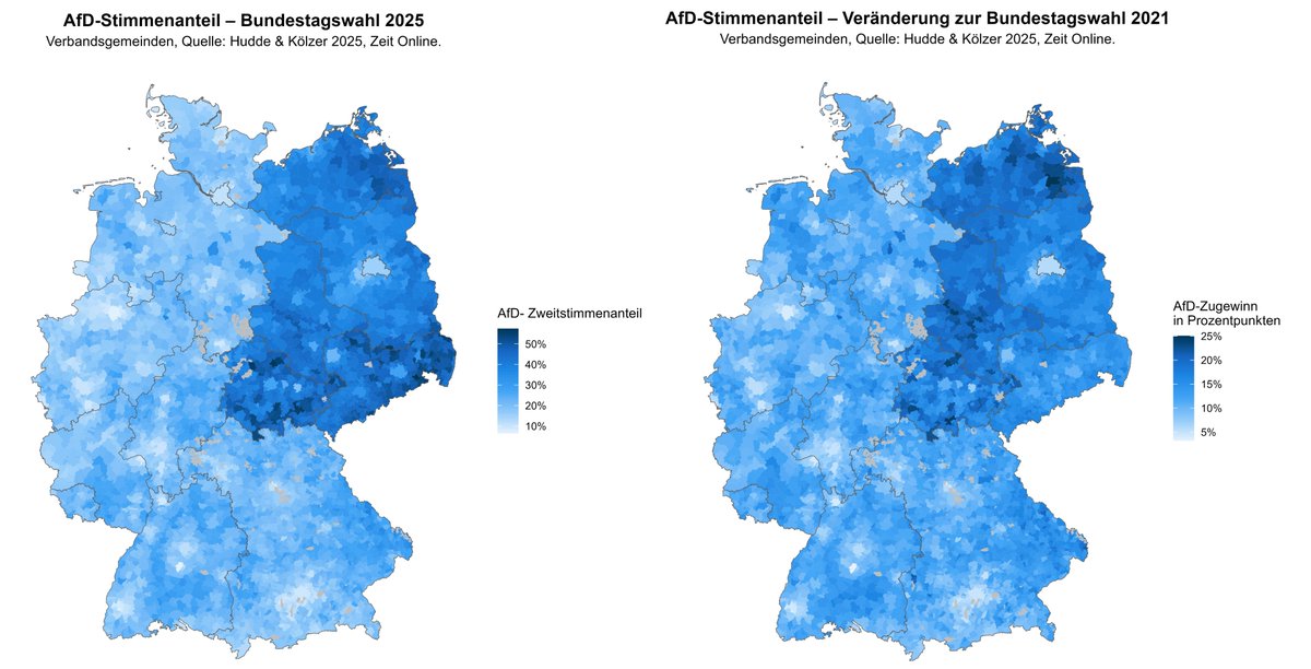 <a href="/A_Hudde/">Ansgar Hudde</a> und ich haben das AfD-Ergebnis in den 299 Bundestagswahlkreisen &amp; den 4400 deutschen Gemeindeverbänden ausgewertet. Unsere Ergebnisse vom Montag + zahlreiche neue gibt es nun als Text für <a href="/Emp_Politikwiss/">Empirical Political Science @unidue #Duisburg</a>. Ein Thread mit unseren Ergebnissen 🧵.

politik-wissenschaft.org/2025/02/28/afd…