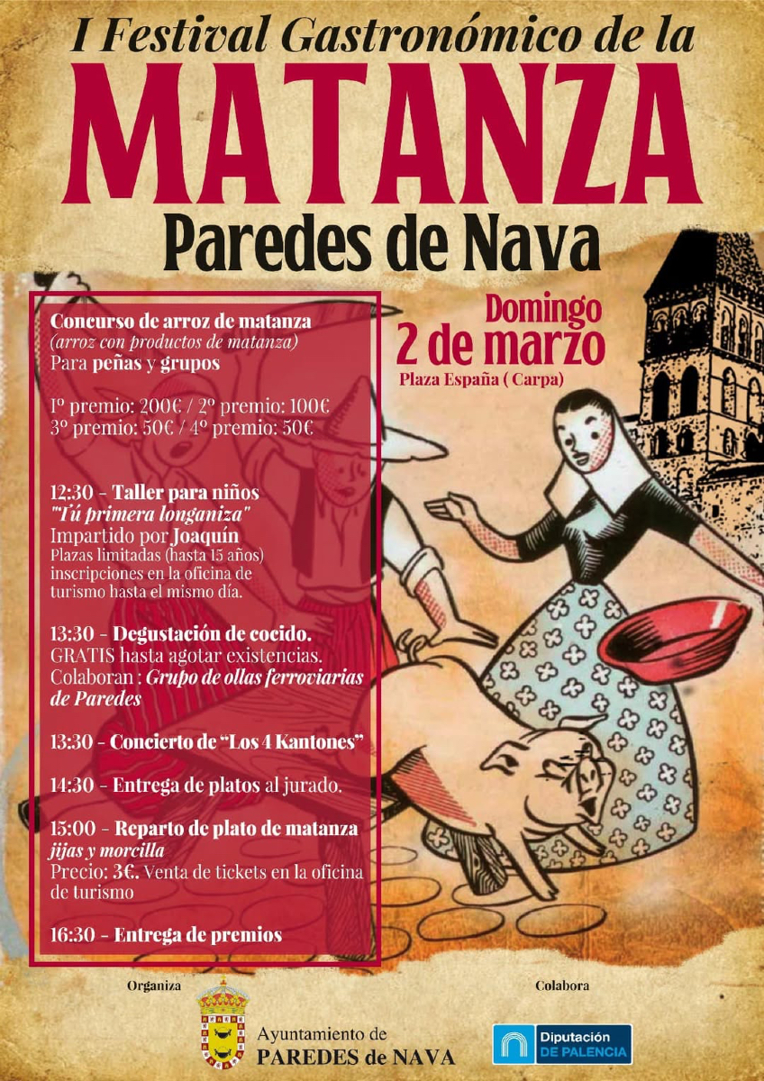 I Festival Gastronómico de la Matanza 🍽️ | Paredes de Nava
📅 2 mar: Plaza España (carpa)
🍚 Concurso de arroz
👧 12:30h: talleres para niños "tu primera longaniza"
🍲 13:30h: degustación de cocido
🎶 13:30h: concierto "Los 4 Kantones"
🥘 15:00h: plato de matanza (3€)