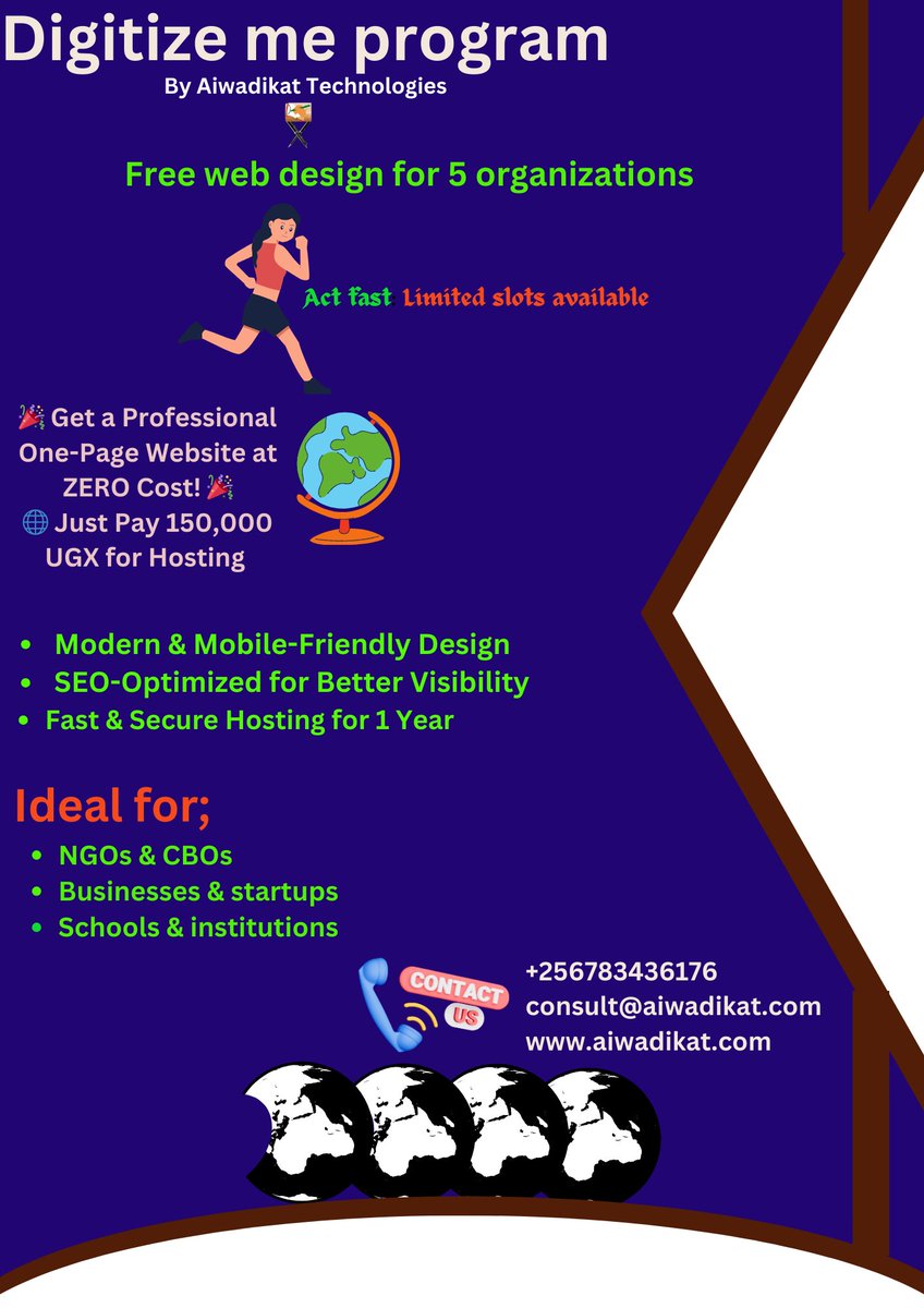 sarahacham's tweet photo. Struggling with web design costs? Aiwadikat Technologies SMC Ltd is offering 5 free one-page websites—just pay 150,000 UGX ($42) for hosting!

✅ 1-year hosting &amp; custom domain
✅ Expand later if needed
Apply now—limited slots! ⏳ #Website #Business #NonProfit https://t.co/9yrmHqyFs0