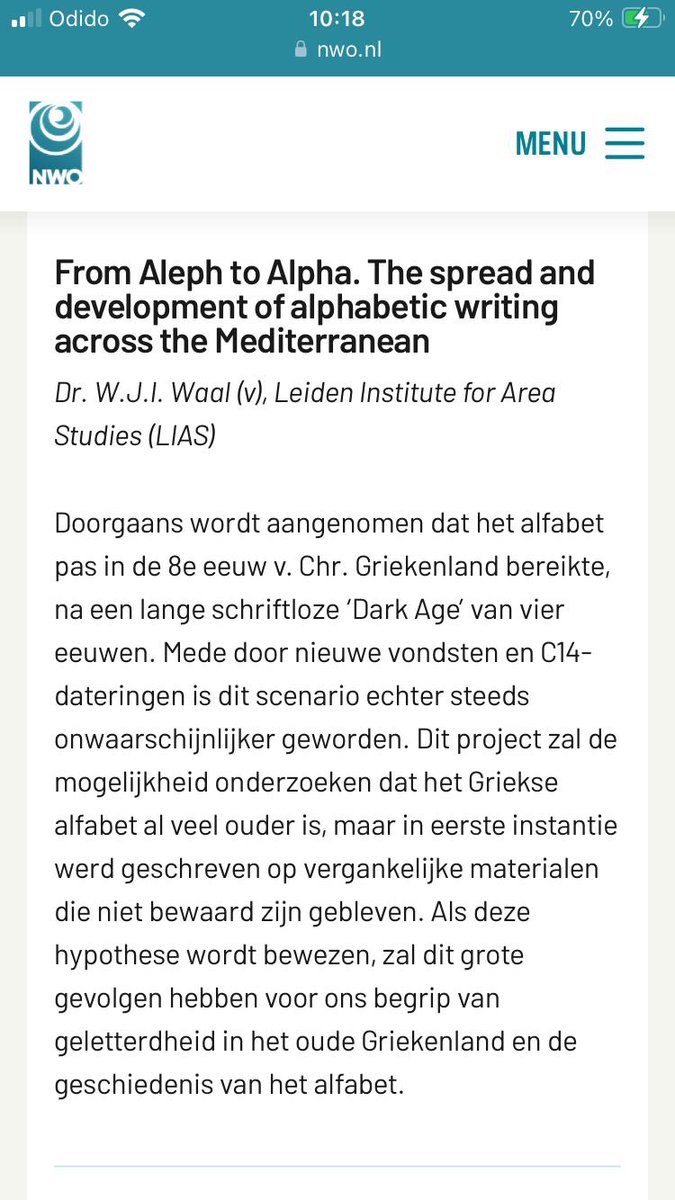 Jorrit Kelder (@jorrit_kelder) on Twitter photo Geweldig nieuws / great news! Dr Willemijn Waal is awarded the major “VICI” grant —the largest personal research grant in the Netherlands— by <a href="/NWONieuws/">NWO Nieuws</a> for her exciting research on the earliest Greek alphabet and its antecedents! (Cc <a href="/BartFunnekotter/">Bart Funnekotter</a> : je schreef hierover!) Geweldig nieuws / great news! Dr Willemijn Waal is awarded the major “VICI” grant —the largest personal research grant in the Netherlands— by <a href="/NWONieuws/">NWO Nieuws</a> for her exciting research on the earliest Greek alphabet and its antecedents! (Cc <a href="/BartFunnekotter/">Bart Funnekotter</a> : je schreef hierover!)