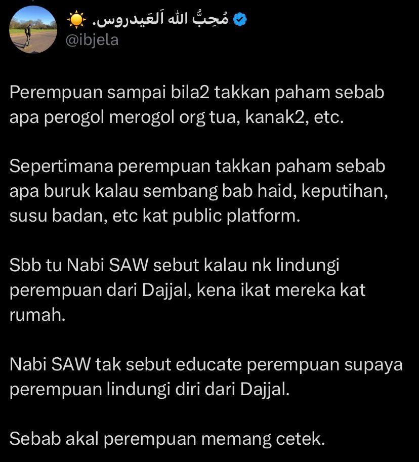 yazid_hamka_'s tweet photo. Jangan guna nama Nabi untuk merendahkan wanita. 

Saya pesan kepada @ibjela sebagaimana pesan Nabi kepada Anjasyah:

"Perlahanlah, jangan sampai bekas kaca ini pecah." [Bukhari 6210]

Nabi umpamakan wanita dgn bekas kaca. Lembut, mudah pecah. Tetapi tidak sesekali bererti rendah. https://t.co/c2jOXSvlMP