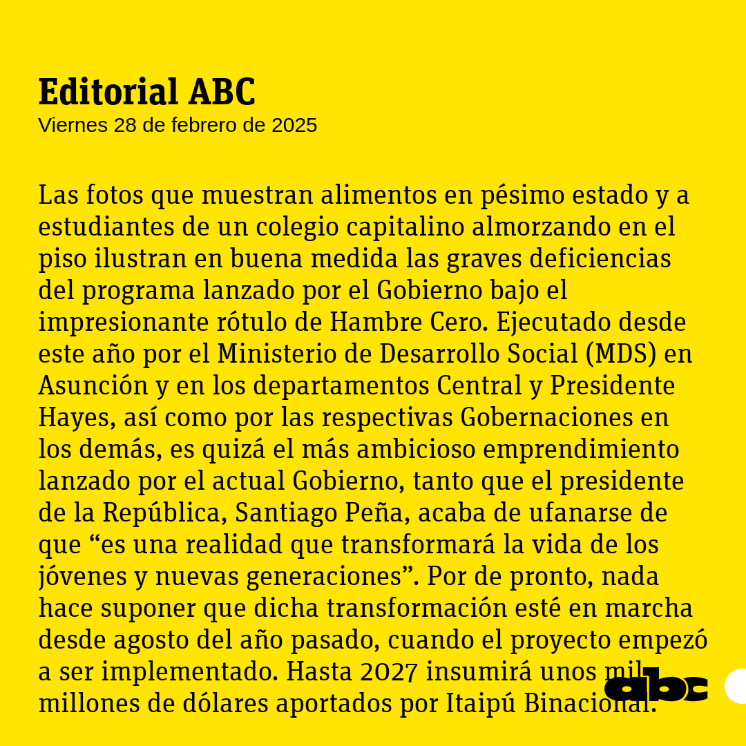 ABCDigital's tweet photo. #EditorialABC | "Penosas ineficiencias en la ejecución del programa Hambre Cero".
Leé más: https://t.co/nAxhmBCCQH
🔴WhatsApp: https://t.co/zcjWhsOMQ8 https://t.co/lwbvsPen0y