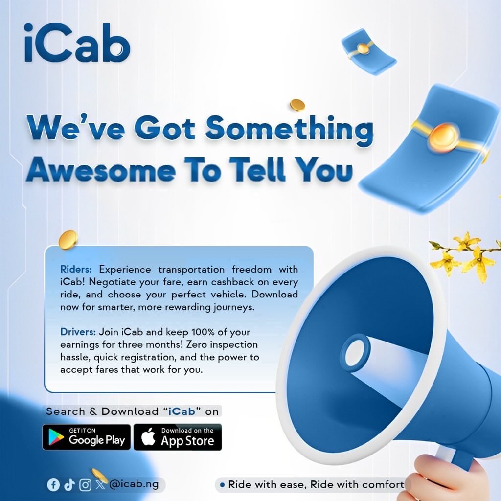 iCab_ng's tweet image. Big News from iCab! 🚀 Riders, enjoy fare negotiation, cashback, and more choices. 
Drivers, earn 100% for three months with hassle-free registration. Download now and ride smarter! 
#iCab #RideWithEase