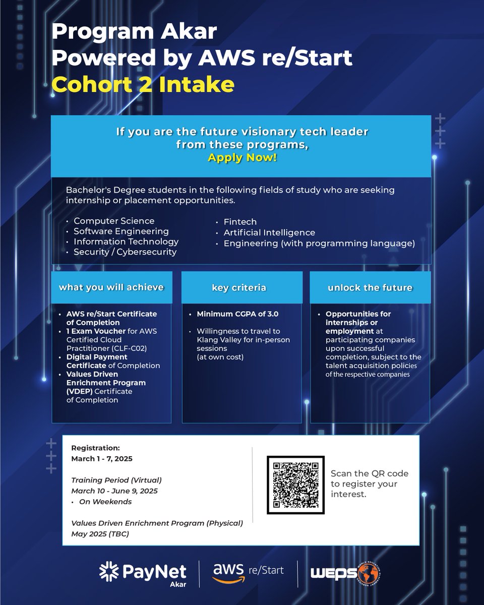 WEPSMY's tweet photo. Program AKAR Powered by AWS re/Start has been launched! Don’t miss out on this amazing opportunity! Spots are limited, so act fast and secure your place before it’s too late!
#OpportunityKnocks #RegisterNow #DontMissOut #PayNet #ProgramAKAR #AWSrestart https://t.co/yusdIZcLoD