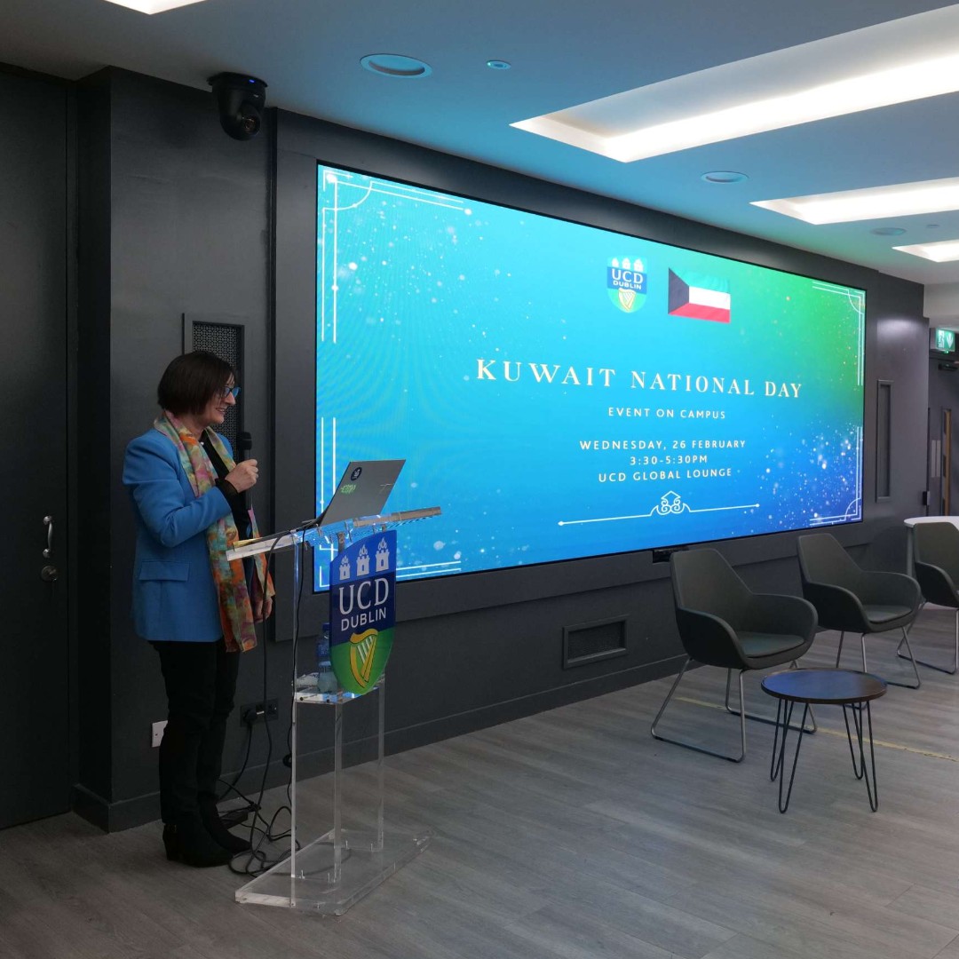 ucd_global's tweet image. We brought a bit of Kuwait to the UCD Global Lounge yesterday to celebrate Kuwait National Day. 🇰🇼
Our hosts, HE Mr. Mohammad Al-Mohammad, Ambassador of Kuwait, and Prof Dolores O'Riordan, VP for Global Engagement, spoke with attendees, many of whom included Kuwaiti students.