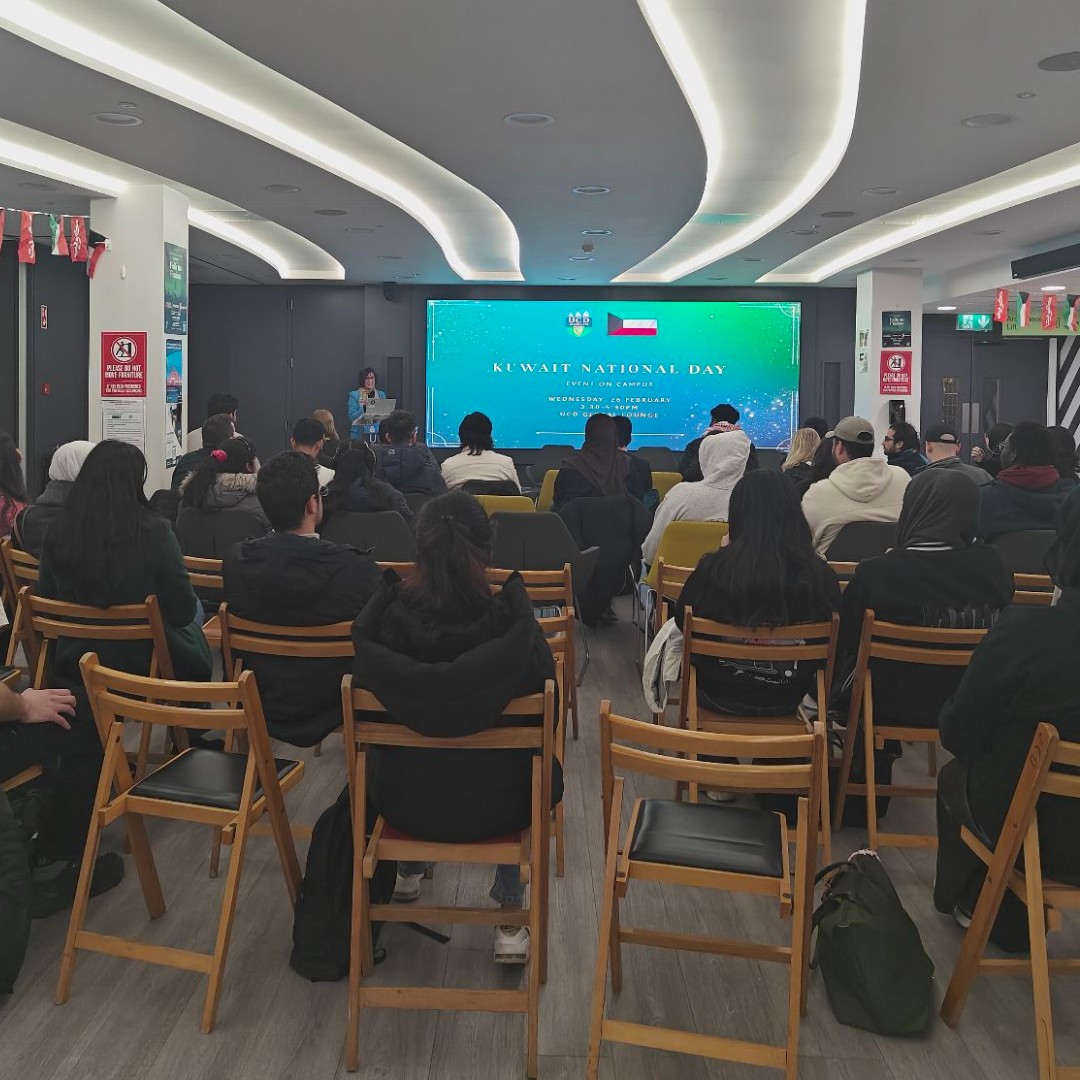 ucd_global's tweet image. We brought a bit of Kuwait to the UCD Global Lounge yesterday to celebrate Kuwait National Day. 🇰🇼
Our hosts, HE Mr. Mohammad Al-Mohammad, Ambassador of Kuwait, and Prof Dolores O'Riordan, VP for Global Engagement, spoke with attendees, many of whom included Kuwaiti students.