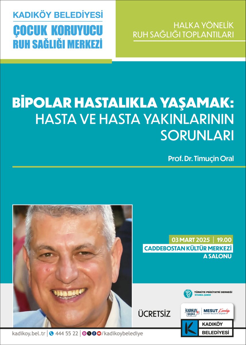 Caddebostan Kültür Merkezi'nde toplantılarımıza devam ediyoruz! 3 Mart günü 19.00'da "Bipolar Hastalıkla Yaşamak: Hasta ve Hasta Yakınlarının Sorunları" başlığını Prof. Dr. Timuçin Oral ile konuşacağız. Herkesi beraber tartışmaya bekliyoruz.