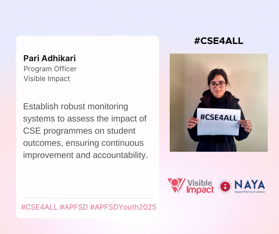 Nepal APFSD Youth Alliance (@nepalapfsd) on Twitter photo Establish robust monitoring systems to assess the impact of CSE programmes on student outcomes, ensuring continuous improvement and accountability. #CSE4ALL #APFSD #APFSDYouth2025
<a href="/NEPALNPC/">National Planning Commission</a>
<a href="/MoEST_Nepal/">शिक्षा, विज्ञान तथा प्रविधि मन्त्रालय</a>
<a href="/mohpnep/">Ministry of Health & Population, Nepal</a>
<a href="/NheiccNepal/">nheicc</a>
<a href="/UNFPANepal/">UNFPA Nepal</a>
<a href="/ARROW_Women/">ARROW</a>
<a href="/Vis_Im/">Visible Impact</a> Establish robust monitoring systems to assess the impact of CSE programmes on student outcomes, ensuring continuous improvement and accountability. #CSE4ALL #APFSD #APFSDYouth2025
<a href="/NEPALNPC/">National Planning Commission</a>
<a href="/MoEST_Nepal/">शिक्षा, विज्ञान तथा प्रविधि मन्त्रालय</a>
<a href="/mohpnep/">Ministry of Health & Population, Nepal</a>
<a href="/NheiccNepal/">nheicc</a>
<a href="/UNFPANepal/">UNFPA Nepal</a>
<a href="/ARROW_Women/">ARROW</a>
<a href="/Vis_Im/">Visible Impact</a>