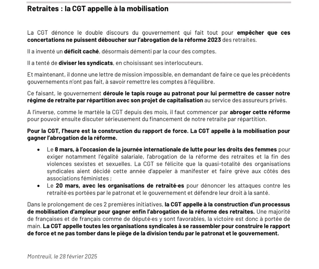 🔴 Déclaration sur les retraites : la CGT appelle à la construction d’un rapport de force et à la mobilisation 

La CGT appelle les organisations syndicales à se rassembler pour construire le rapport de force et ne pas tomber dans le piège de la division tendu par le patronat et
