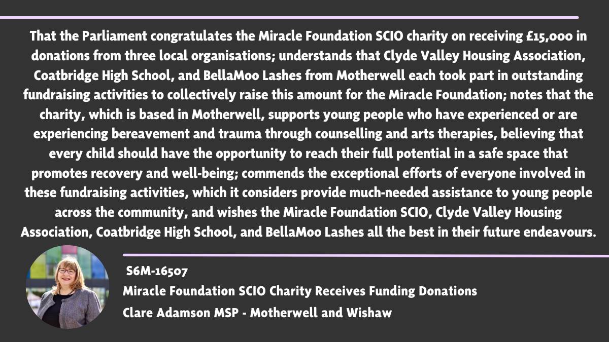 We’re delighted to see our fundraising efforts for <a href="/amiraclefound/">The Miracle Foundation Scio</a> have been recognised in <a href="/ScotParl/">Scottish Parliament</a>! 

A huge thank you to <a href="/ClareAdamsonSNP/">Clare Adamson MSP</a> for highlighting this and the life-changing work The Miracle Foundation carries out in Parliament.💚