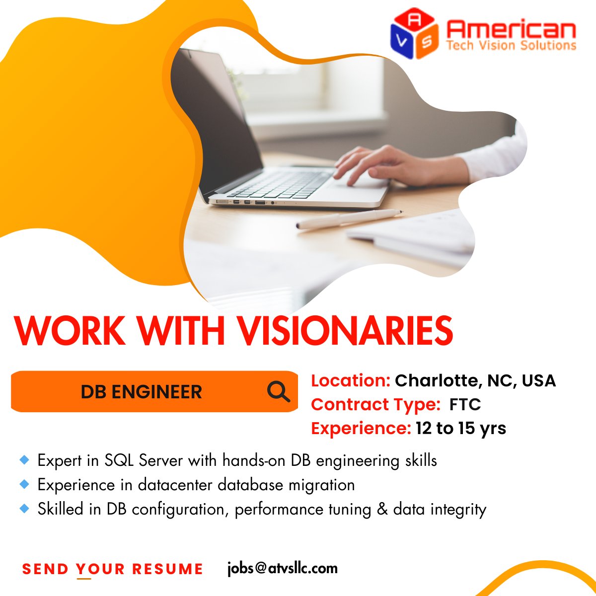 TechAtvs's tweet image. 🚨 We're Hiring – DB Engineer
📍 Charlotte, NC, USA
💪 12-15 yrs experience
🔑 SQL Server Expert
🔑 Datacenter DB Migration
🔑 DB Configuration & Performance Tuning
Apply now: jobs@atvsllc.com
#DBEngineer #SQLServerJobs #ATVSCareers #WorkWithVisionaries
atvsllc.com
