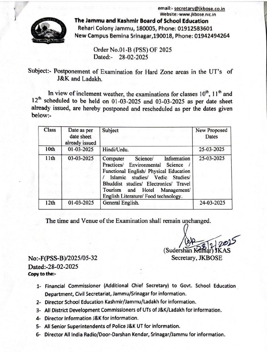 Office of J&K Board of School Education(JKBoSE) (@office_jkbose) on Twitter photo Postponement of Examination for Hard Zone areas in the UT's of J&K and Ladakh <a href="/OfficeOfLGJandK/">Office of LG J&K</a> <a href="/diprjk/">Information & PR, J&K</a> Postponement of Examination for Hard Zone areas in the UT's of J&K and Ladakh <a href="/OfficeOfLGJandK/">Office of LG J&K</a> <a href="/diprjk/">Information & PR, J&K</a>