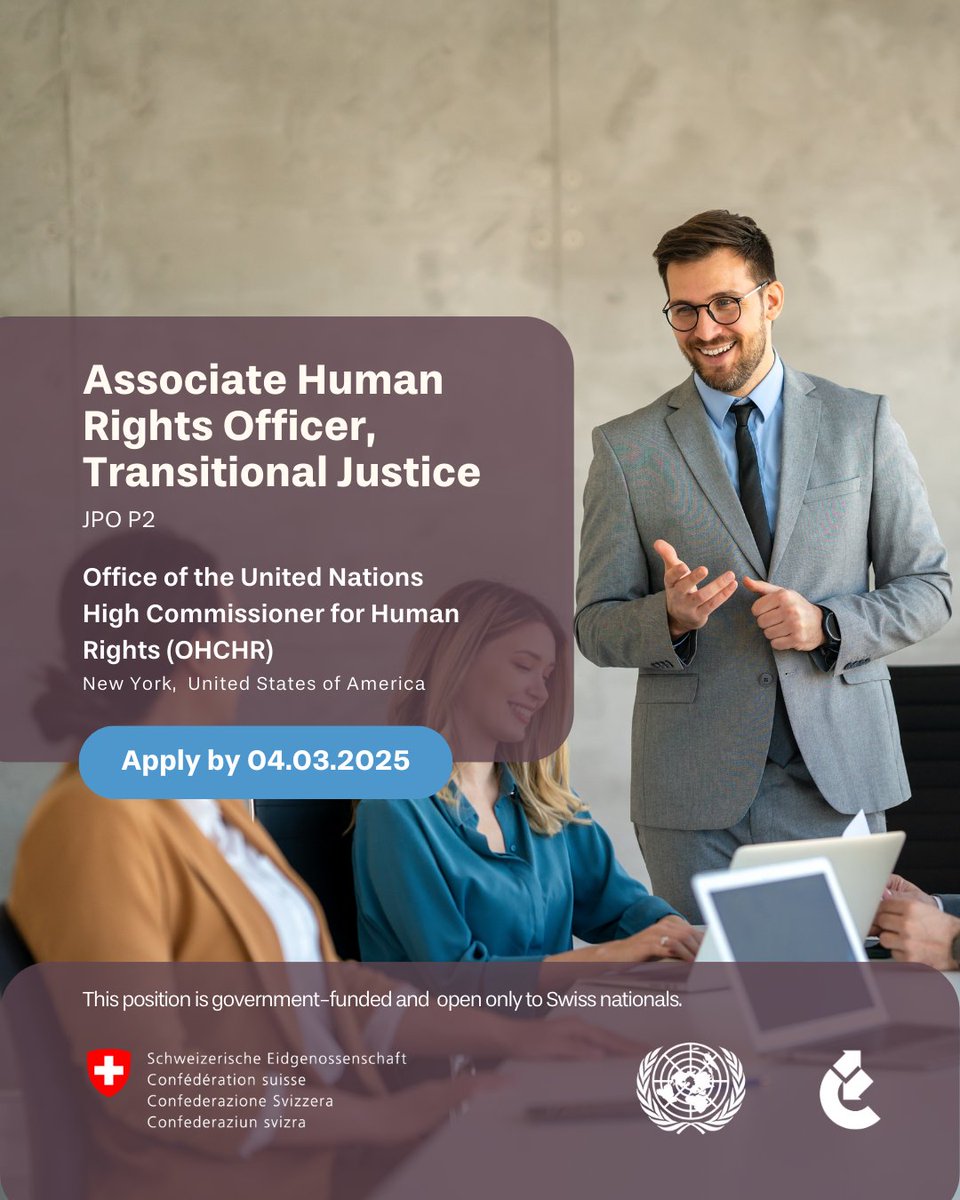 cinfo (@cinfofeeds) on Twitter photo ๐จLast chance to apply for the following JPO (P-2) position: Associate Human Rights Officer, Transitional Justice
๐Based in New York, United States of America
<a href="/UNHumanRights/">UN Human Rights</a>
๐๏ธ Apply by 04 March 2025: loom.ly/ZdNRVVk ๐จLast chance to apply for the following JPO (P-2) position: Associate Human Rights Officer, Transitional Justice
๐Based in New York, United States of America
<a href="/UNHumanRights/">UN Human Rights</a>
๐๏ธ Apply by 04 March 2025: loom.ly/ZdNRVVk